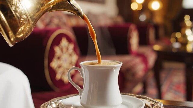 Graceful Pour: Golden Dallah Fills Elegant Cup with Steaming Traditional Arabic Coffee in Luxurious Setting