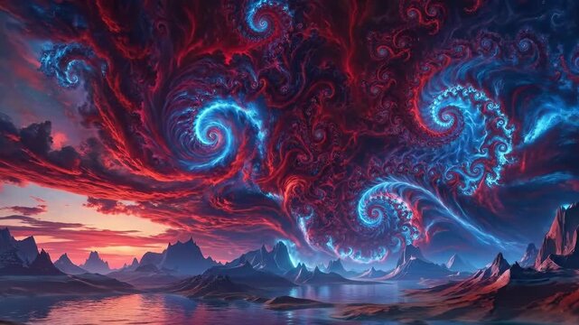 Vibrant cosmic energy swirls with deep blues and fiery reds across a mystical landscape Celestial patterns dance above distant mountains reflecting in calm waters