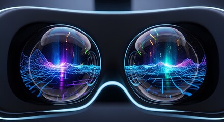 Virtual Reality Headset Displaying Futuristic Digital Landscape VR Technology and Metaverse Concept
