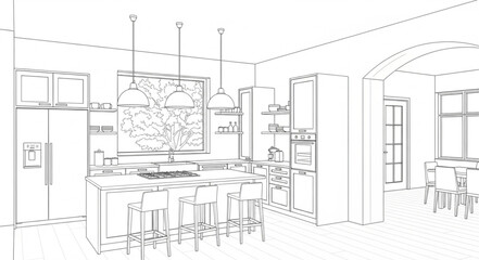 Modern Kitchen Interior Design Sketch with Island and Stools.