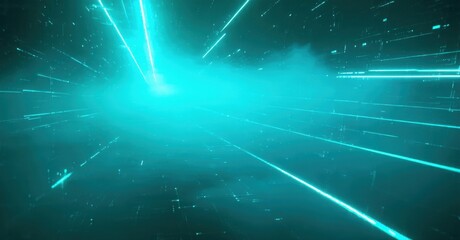 Fototapeta premium Bright cyan streaks traverse dark space. Lines converge toward central glowing point, creating futuristic tunnel effect. Intense energy radiates.