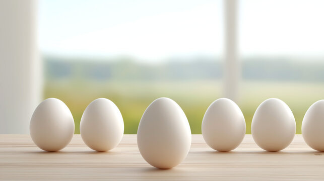 White eggs standing in row on wooden table with blurred window background