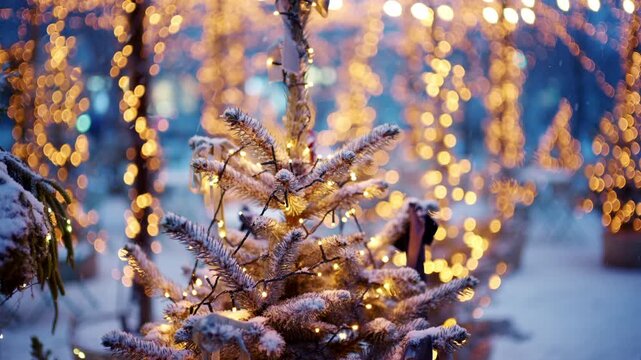 Close up of a small Christmas tree covered in snow and decorated with warm string lights outdoors