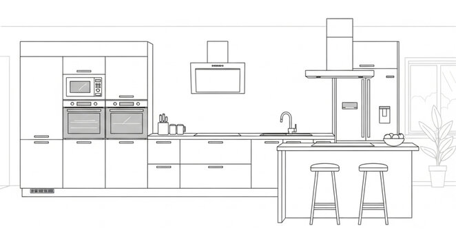 Modern Kitchen Interior Design Sketch with Island and Stools.