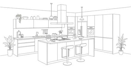 Modern Kitchen Interior Design Sketch with Island and Bar Stools.