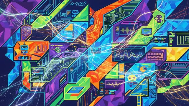 Artificial intelligence concepts with robots, data, and circuit patterns connecting across a vibrant digital network.