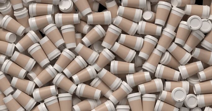 3D takeaway coffee cups fall and pile up to create a smooth transition overlay. Perfect for cafe promos, food ads, menu videos, and social media intros. 4K alpha channel.