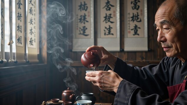 Senior asian man pouring hot tea from ceramic teapot in traditional tea ceremony. Mindfulness and relaxation concept for lifestyle.