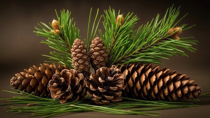 Fototapeta premium Close up of pine cones and green needles against a dark backdrop