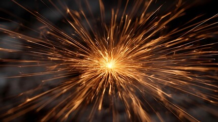 Obraz premium Brilliant burst of orange and yellow sparks radiates outward from a bright central glow against a dark smoky background