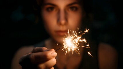 Person holding a bright sparkler in the dark sparks creating a magical glow