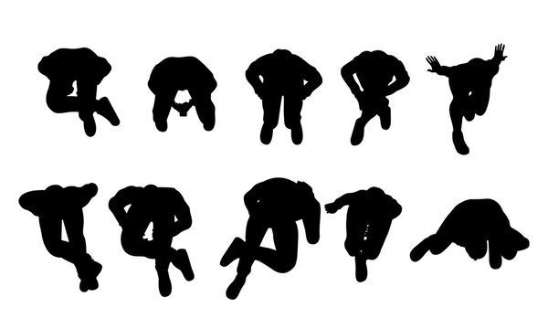 set of people sitting top view in city silhouette for architectural. men, women talking, relaxing, using phone. black shadow plan vector illustration.