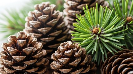 Fototapeta premium Close up of pine cones and green needles suggesting nature and growth
