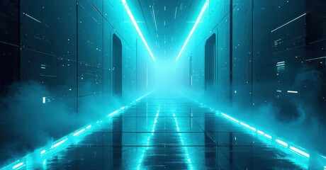 Fototapeta premium Futuristic corridor glows with vibrant blue light. Smoke drifts across polished floor, creating mysterious atmosphere. Linear perspective emphasizes depth.