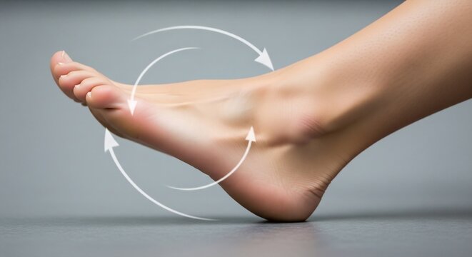 Woman's foot rotating on tiptoe with circular motion arrows