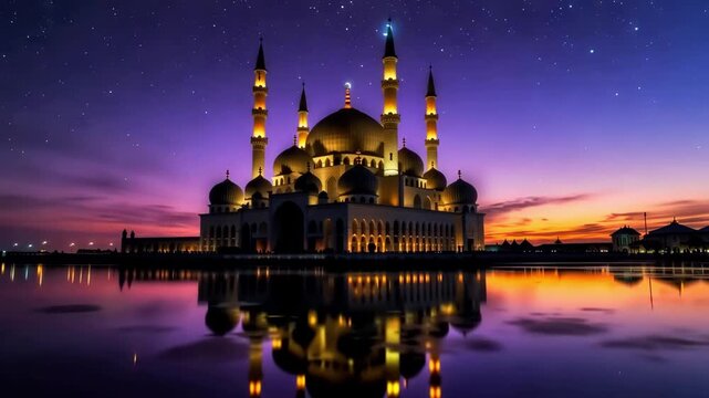 Majestic mosque with domes and minarets illuminated at sunset with crescent moon reflection in water