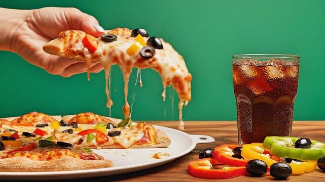 Lifting Veggie Pizza Slice with Cheese Pull and Iced Cola on Green Background. A dynamic and appetizing food action shot showing a hand lifting a fresh slice of vegetarian pizza