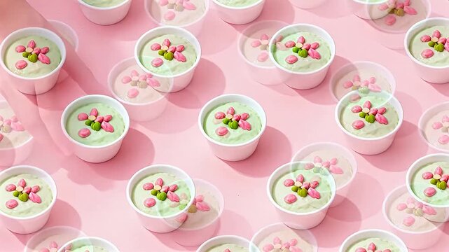 Green Dessert Cups Arranged on Pink Background