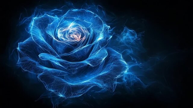 A vibrant, glowing rose, outlined in ethereal blue light, stands out against a dark background.