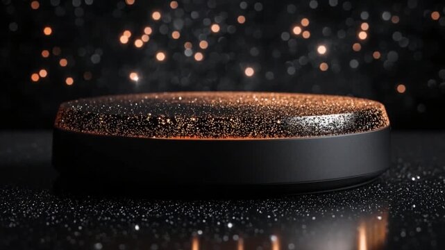 A round, dark gray pedestal, glittering with copper-toned sparkles, sits on a black, glittery surface, against a backdrop of bokeh lights.