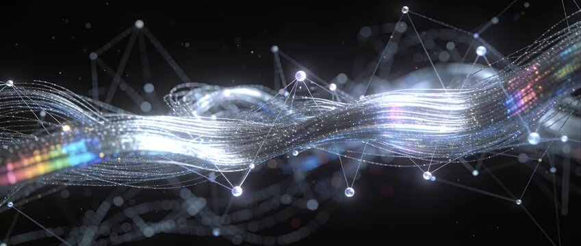 Ethereal digital wave data stream with light trail abstract network neon color particle flow futuristic background technology concept cyber space glowing line connection spectrum fiber optic