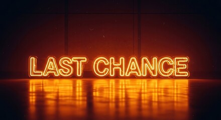 A vibrant neon sign, reading "LAST CHANCE," glows warmly with reflections on a dark surface