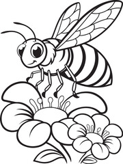 Obraz premium Happy cartoon bee with wings flying near cute flowers in a nature vector illustration featuring a funny black and white insect character design