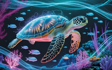 Majestic sea turtle gracefully swimming in vibrant coral reef waters