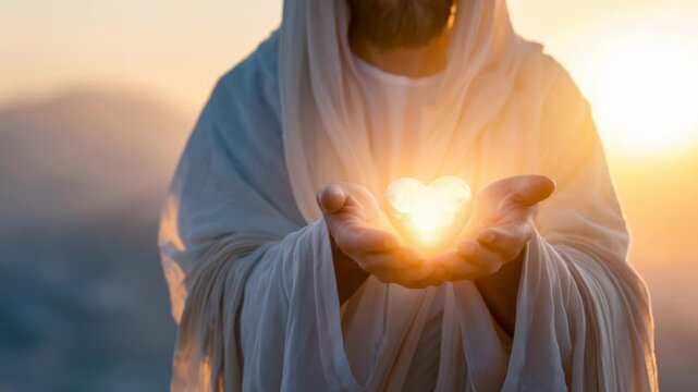 Jesus holds a glowing heart symbol in his hands during a sunset on a mountain