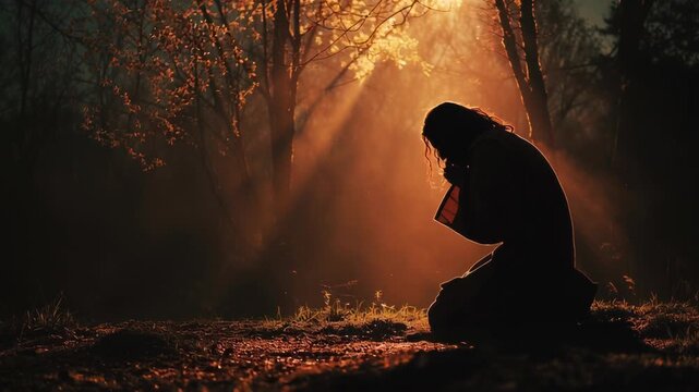 Jesus prays alone in a forest during sunset, reflecting on his journey and mission in the quiet of nature