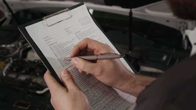 Over-shoulder closeup of hands of anonymous male mechanic holding clipboard, ticking on list of maintenance and repairs, while calculating car service cost for customer