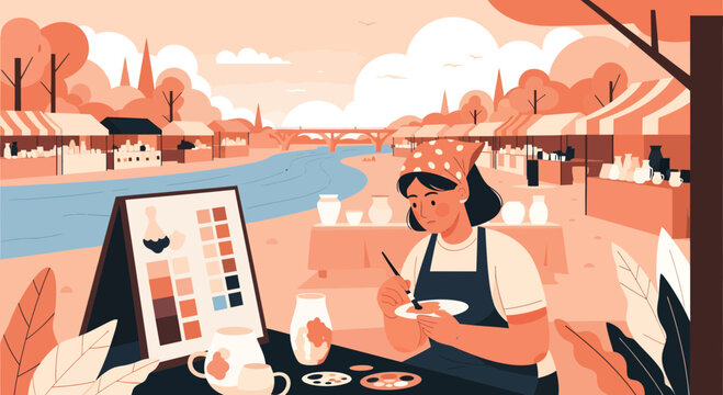 Woman artist painting ceramics outdoors at a market stall.