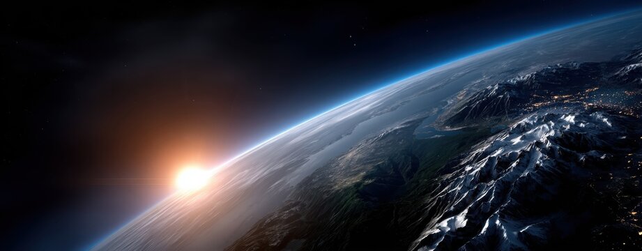 Sunrise Over Earth Horizon from Space with Atmosphere Glow and Mountain Landscape, Cinematic Planet View