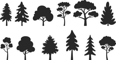 Set of black tree silhouettes including pine fir deciduous and coniferous forest species icons for nature landscape and environmental design isolated on white background © Hasan Creatives