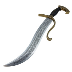 Scimitar sword with gold and black handle curved blade isolated on a transparent background
