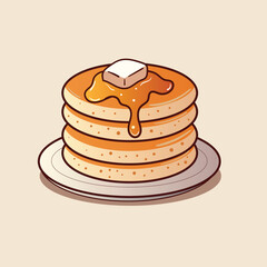 Vector illustration of a stack of fluffy pancakes topped with melting maple syrup and a pat of butter, served on a plate in a simple cartoon style with warm, appetizing colors