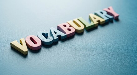 Colorful wooden letters on a blue surface spell out "VOCABULARY", evoking learning