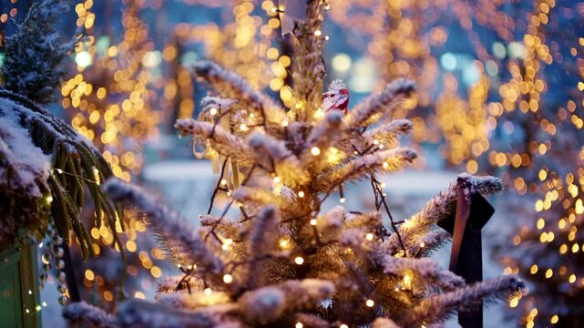 Close up of a small Christmas tree covered in snow and decorated with warm string lights outdoors