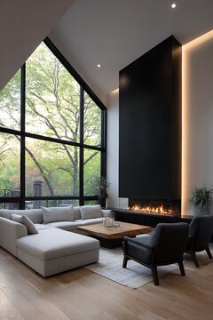 Contemporary living space features soaring window walls and a modern linear fireplace