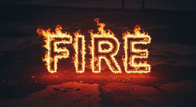 Glowing word "FIRE" made of flames set against a dark background, reflecting on pavement