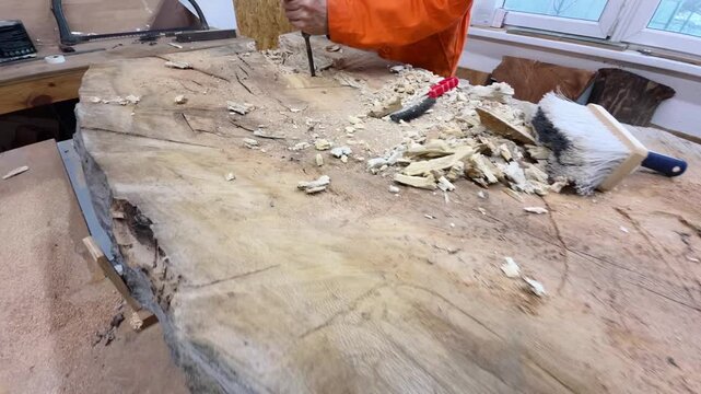 A carpenter in overalls chiselling a wooden slab in a carpentry workshop. A working man. Tools, chisel, mallet. Woodworking. Sawdust, wood chips. Real people. Lifestyle, Authentic, Candid
