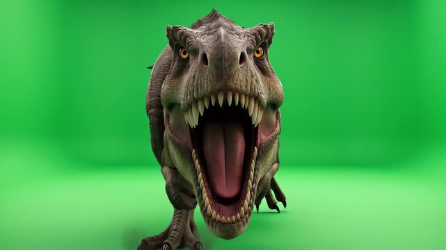 A 3D illustration of a roarin Tyrannosaurus rex dinosaur runner on a green screen, viewed from the front