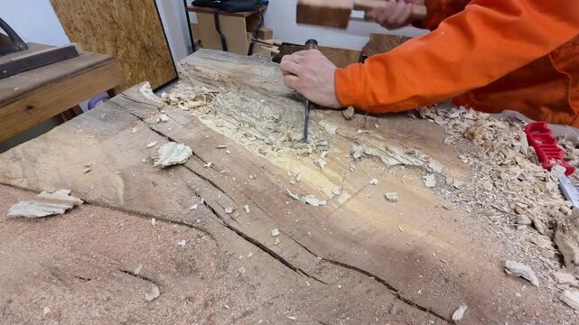 A carpenter in overalls chiselling a wooden slab in a carpentry workshop. A working man. Tools, chisel, mallet. Woodworking. Sawdust, wood chips. Real people. Lifestyle, Authentic, Candid
