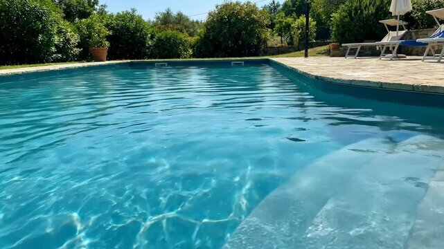 Sparkling blue swimming pool with clean water under sunlight surrounded by green lush trees and lounge chairs perfect for summer relaxation and fun