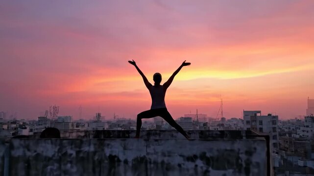A lone figure practices yoga atop a weathered building against a serene pastel sunset sky a symbol of peace and strength amidst the urban sprawl