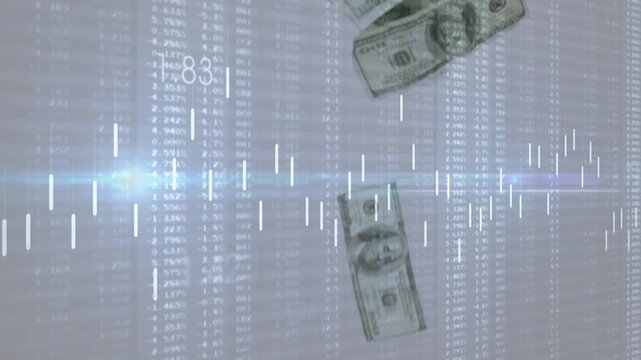 First bill entering top-right causing falling rotating dollar bills over market data showing inflow