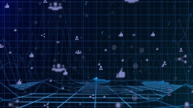 Central lit node starting camera pull, icons drifting and pulsing, waves rising, showing data flow