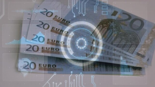 HUD appearing over 20-euro notes, ring pulsing, rotating and following sliding bills for scanning