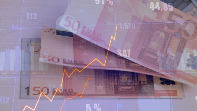 Orange line starting left causing 50&euro; stack tilting graphs peaking wobbling showing growth and risk