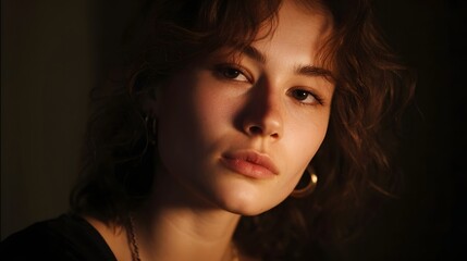 Fototapeta premium Close up portrait of a young woman with curly hair bathed in warm dramatic low light her expression pensive and serene